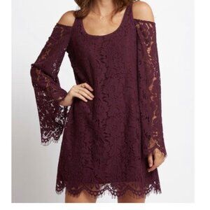 Chaser Lace Cold Shoulder Bell Sleeve Mini Dress Fig Purple NWT Size Medium Boho